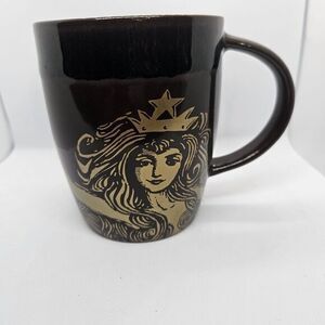 Starbucks Coffee Mug Cup Siren Crown Mermaid Ammiversary gold Brown Retired 2012